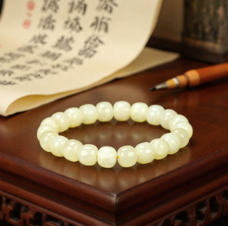 Hetian Jade Barrel-Cut Stretch Bracelet – Natural Pearly Luster, Elegant and Mellow Texture; Comes with an Exquisite Gift Box.