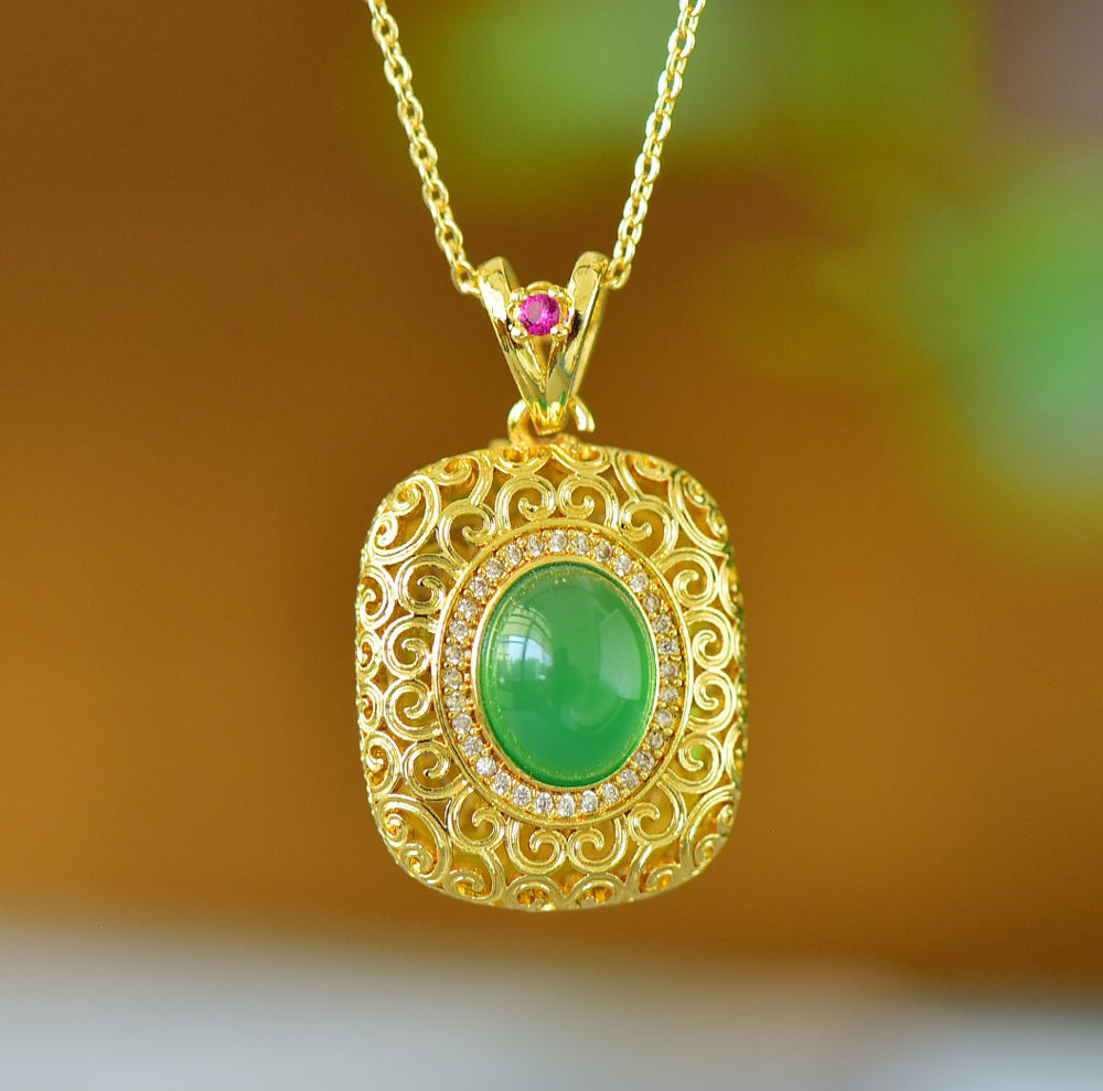 Emerald green chalcedony with gold openwork scroll pattern and square pink gemstone clasp - bright emerald green, magnificent and elegant.