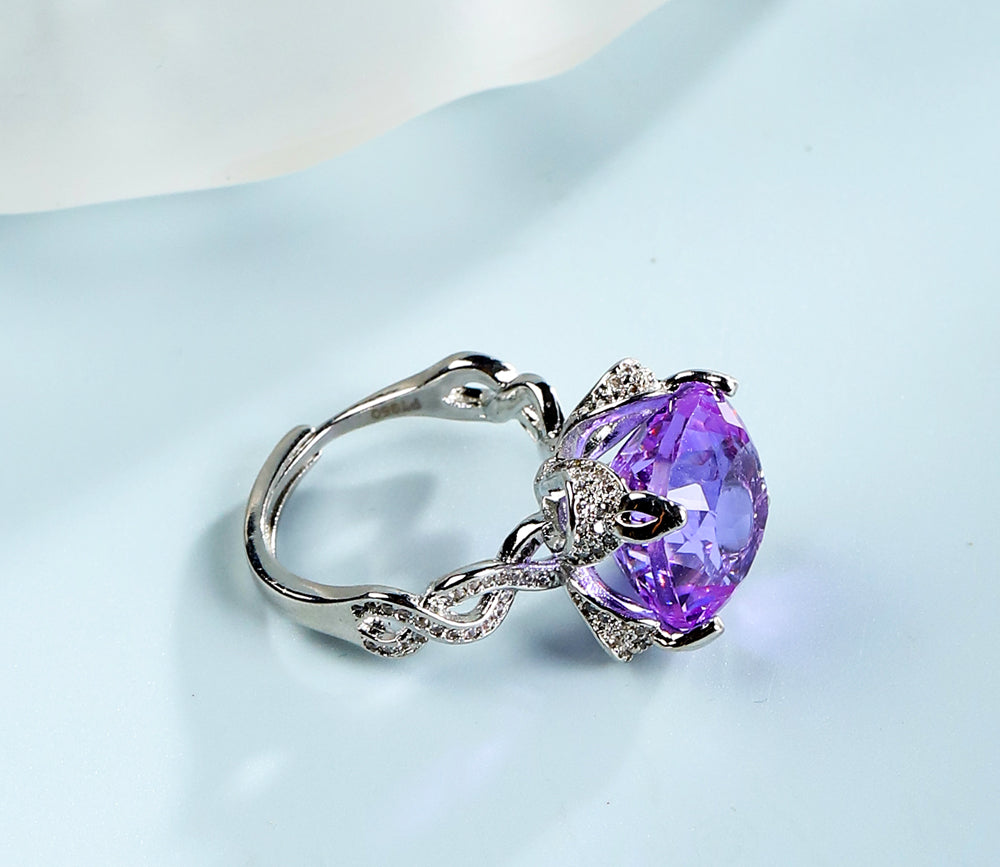 Amethyst large round gemstone vine ring, silver openwork vine band, embellished with white zircon, comes in an exquisite gift box.