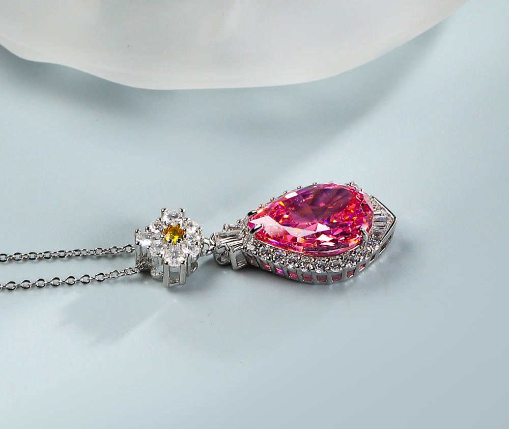 Pink Teardrop Gemstone Necklace – 925 Silver with Zircon Inlaid Floral Design, Vanadite Set Clasp, Exquisite Gift Box