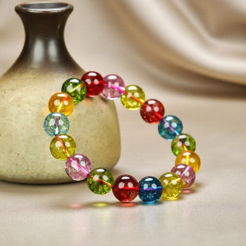 Multicolored Transparent Large Round Bead Elastic Bracelet – Red, Pink, Blue, Olive Green, Orange, Yellow, and Other Multicolored Tourmaline, Crystal Clear