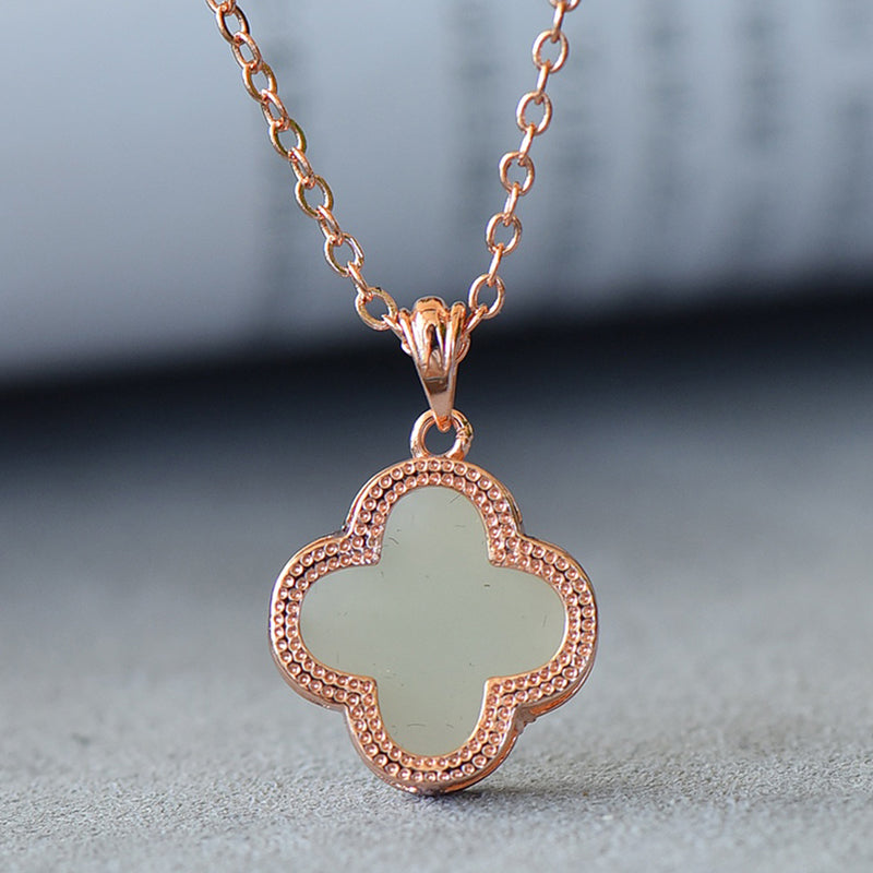 Four-leaf clover rose gold necklace, natural Hetian jade lucky clover pendant necklace, holiday gift and present for relatives and friends.