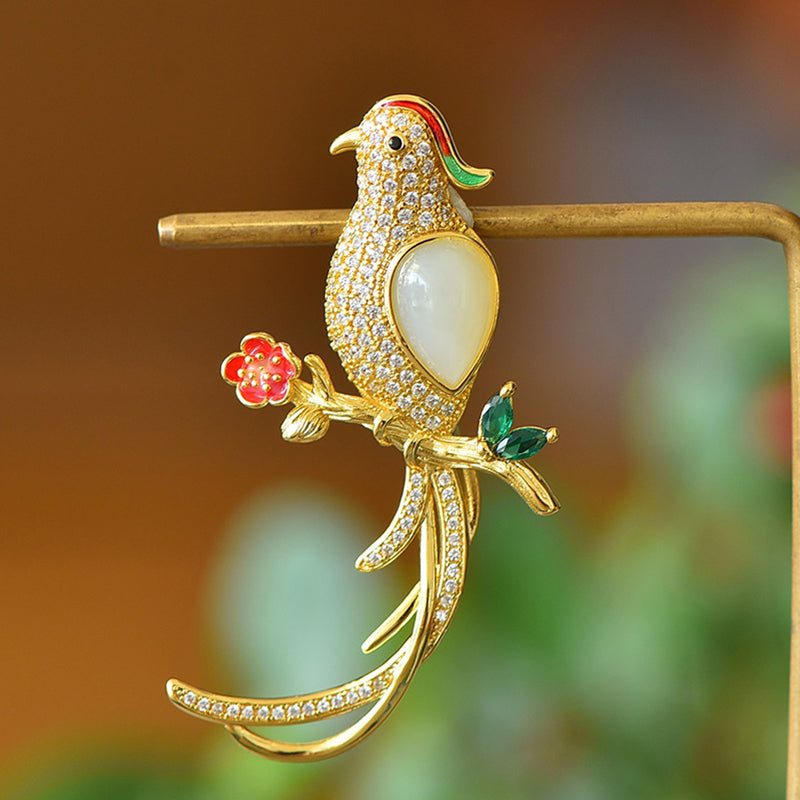 Bird and Fence Brooch in Hetian White Jade | Enamel Floral Corsage with Zircon Gold Plating and Bright, Natural Colors