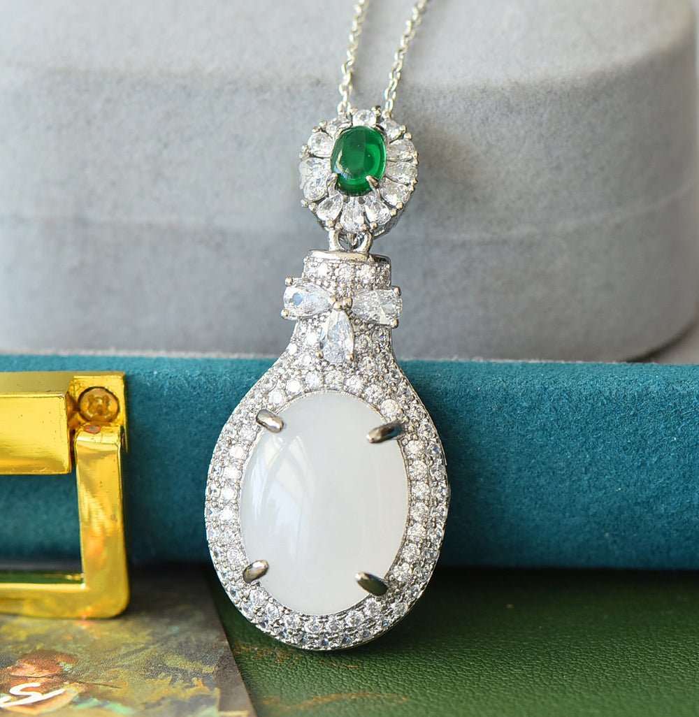 Hetian jade silver teardrop-shaped pendant necklace – double-layered zircon embellishments, elegant and luxurious Comes with an exquisite gift box