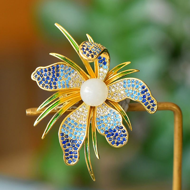 Blue gradient orchid brooch made of Hetian white jade | Full-coverage zircon enamel gold-plated orchid corsage  Exquisite gift box