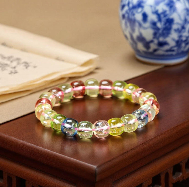 Colorful Tourmaline Elastic Bracelet with Red, Green, Blue, and Yellow Transparent Beads and Elastic Cord - Dreamy and Romantic