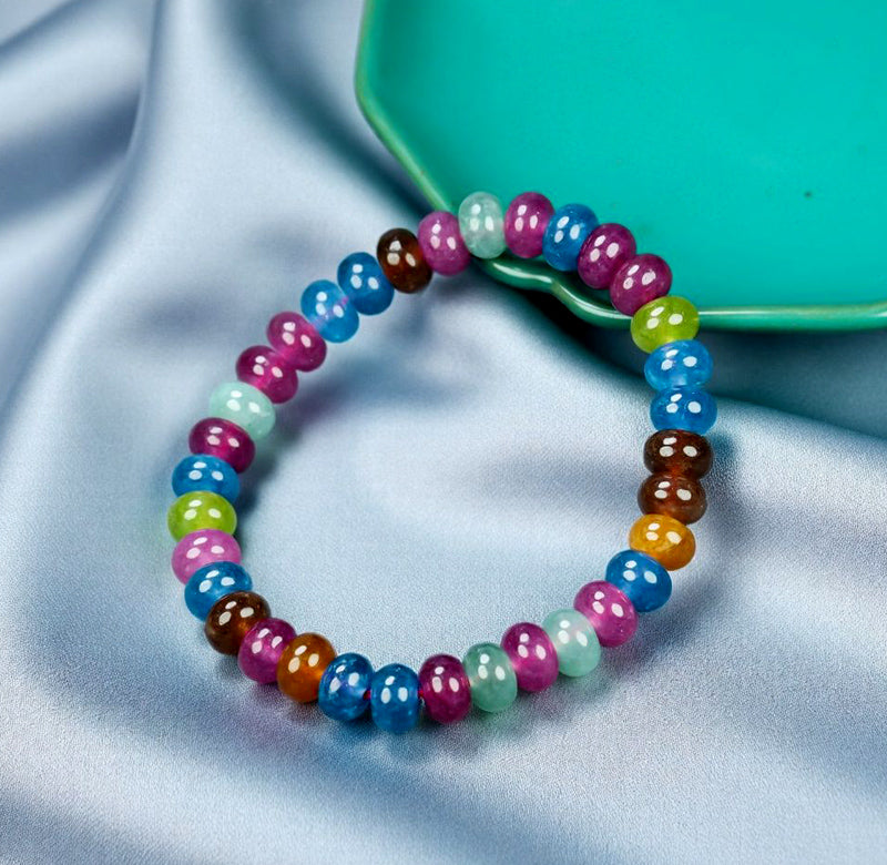 Tourmaline Colorful Candy Flat Round Bead Elastic Bracelet: Rose Red, Blue, Brown, Orange, Green, Mint - A Lively Mix of Colors