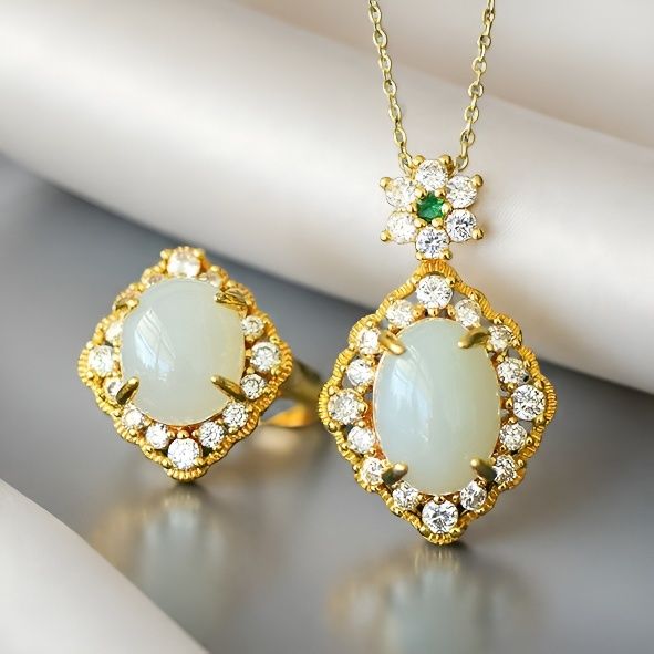Set Handmade Inlay White Jade Women Lady Wedding Ring Necklace Fashion Jewelry Gift Box
