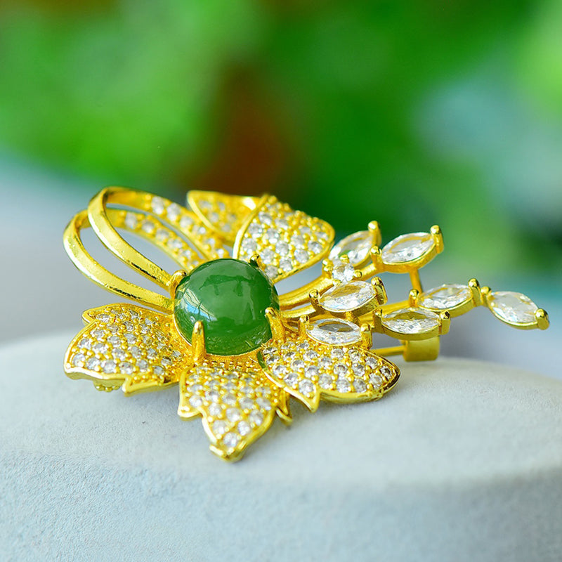 Jadeite Heart Butterfly Flower Brooch | Fully Inlaid Zircon Gold-Plated Tassel Brooch with Exquisite Inlay  Exquisite Gift Box