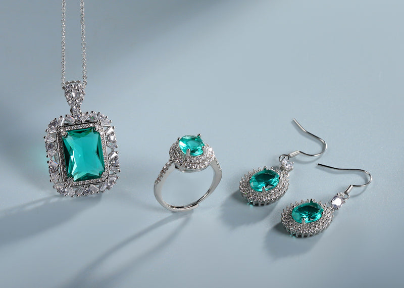 925 Silver Emerald Pendant, Round Ring, Earrings 3 Piece Set, Best Jewellery Gift for Mum and Wife, Comes in a Beautiful Box