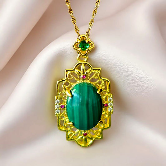 Malachite oval main stone, gold openwork court floral frame, ruby embellishment pendant necklace – emerald green natural veins