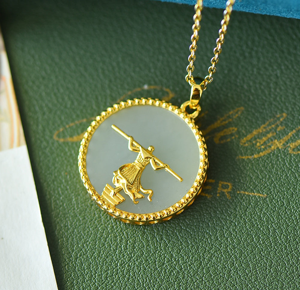 Hetian jade necklace with gold-patterned, exquisitely carved Sun Wukong (Monkey King) mythological figure reliefCraftsmanship.  Suitable for daily wear