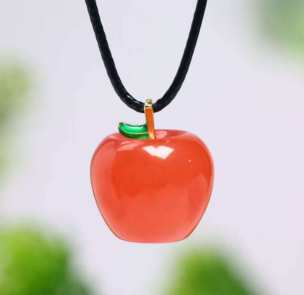 Red Agate Apple Pendant Necklace with Emerald-Green Leaf Clasp – Finely carved apple design symbolizing peace, safety, and a flourishing, vibrant life.