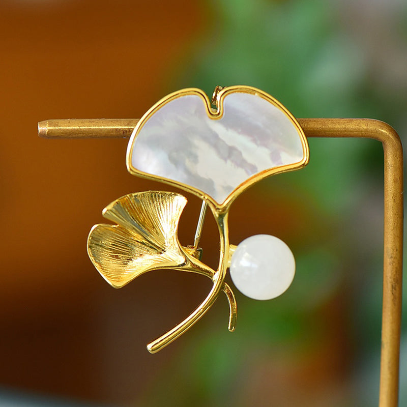 Ginkgo Leaf and Fritillaria Brooch | Natural Hetian White Jade Bead Gilded Ginkgo Corsage - Perfect Gift for Relatives and Friends