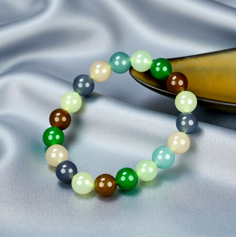 Multicolored natural jade beads, large round beads, mixed elastic bracelet, emerald green, mint white, milky white, gray, blue, brown, tiger eye, five colors strung together.