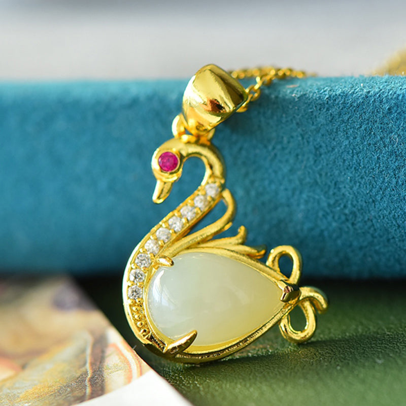 18K Gold Swan Necklace with Hetian Jade, Ruby, and Zircon – Suitable for Daily Wear, Dates, and Gifting