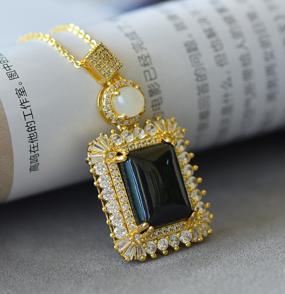 Square-cut Hetian Black Jade Pendant Necklace with Zircon Accents – Deep black, mysterious, luxurious, and elegant; comes with an exquisite gift box.