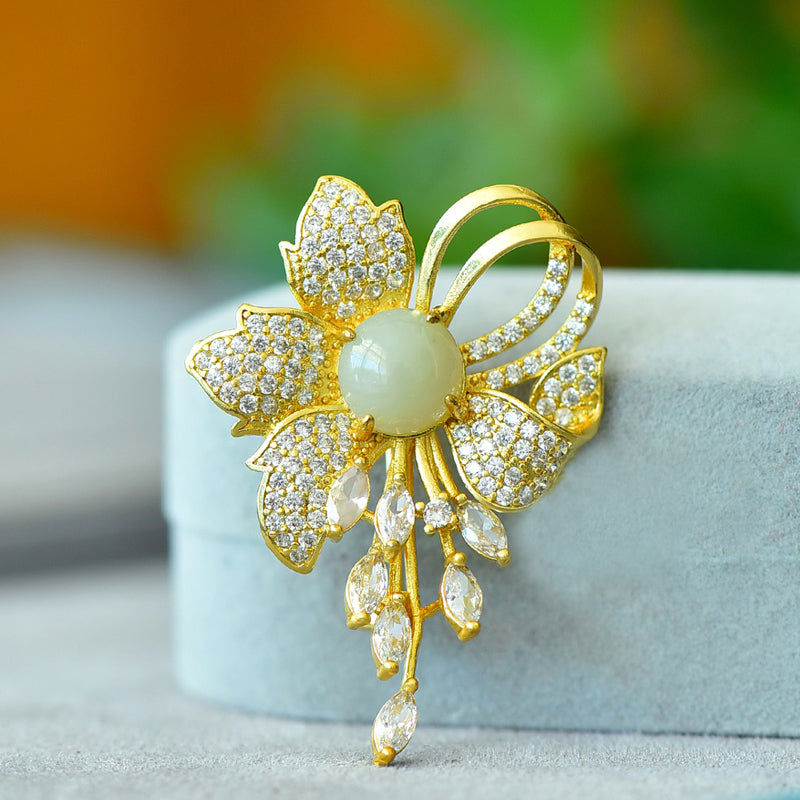 Hetian jade floral brooch | Gold-plated corsage inlaid with zircon, classic Oriental jewelry, comes in an exquisite gift box.