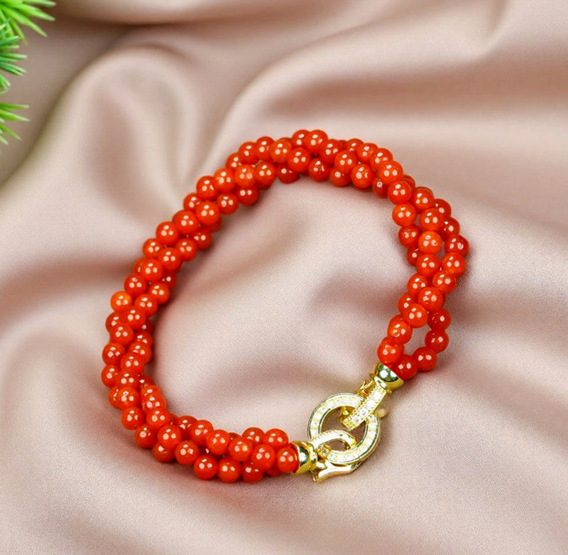 Natural red agate small round bead three-row bracelet – gold ring clasp for auspiciousness, good fortune, and protection from evil.