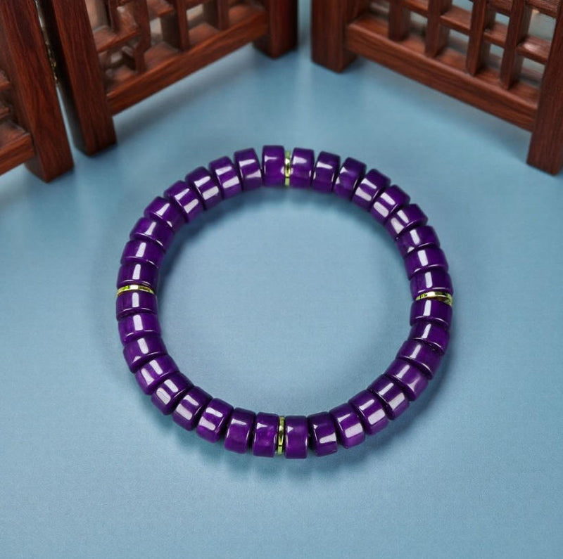 Deep purple Sugilite tablet-shaped bead and gold spacer ring stretch bracelet—exuding a profound, rich, noble, and mysterious aura.