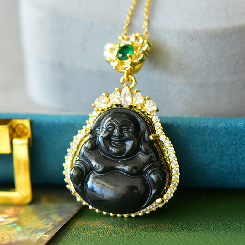 Hetian black jade Maitreya Buddha pendant necklace with gold-set zircon edges – The ever-smiling Maitreya brings peace, blessings, and good fortune.