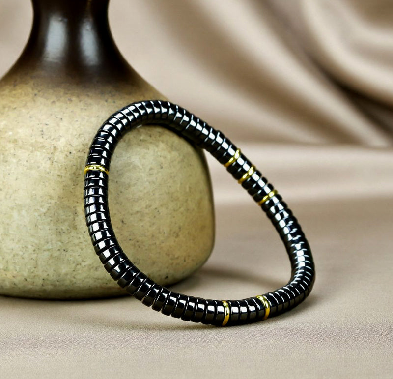 Black Terahertz Barrel Bead Elastic Bracelet – Natural metallic luster, magnetic therapy, health benefits, simple and rugged, suitable for both men and women.
