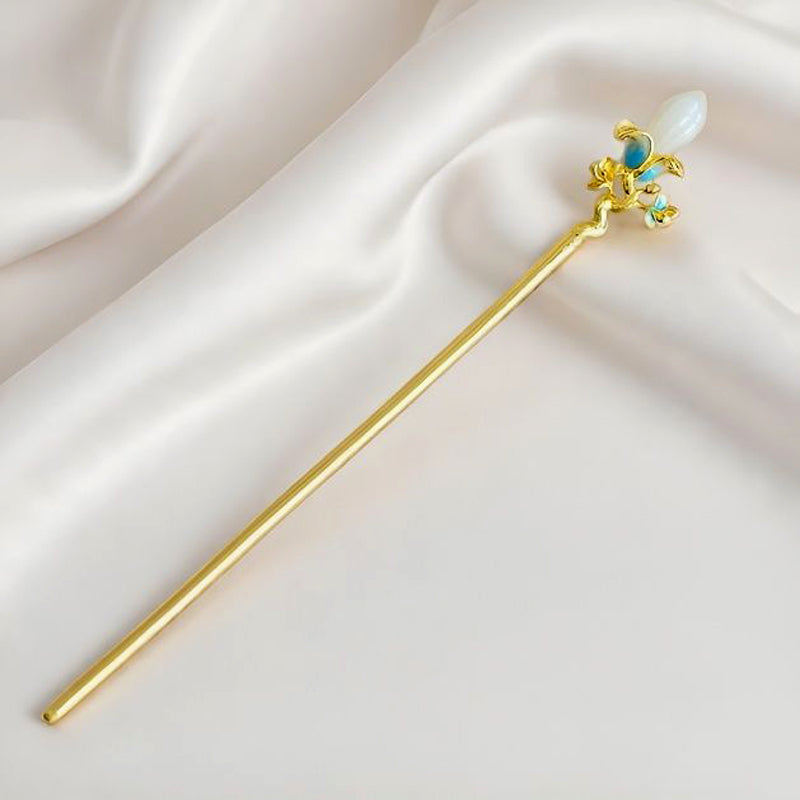 Hetian Jade & Enamel Floral Gold Hairpin (Delicate Thin Gold Stem) – Fresh, Cute, and Classic Hanfu Style  Suitable for Hanfu accessories and as gifts.
