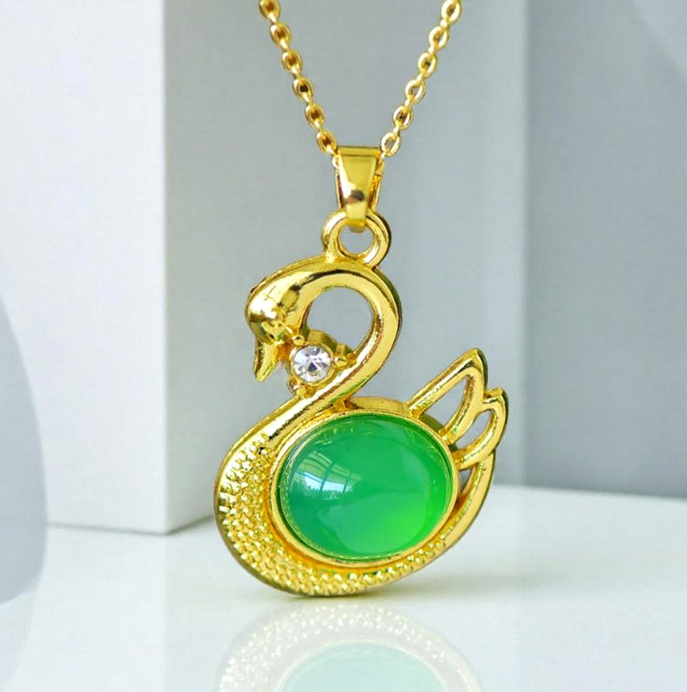 Emerald Jade Necklace in Swan Design – Gold Swan Inlaid with Emerald Jade Accented with White Vanadium, Ideal for Anniversaries and Gifting