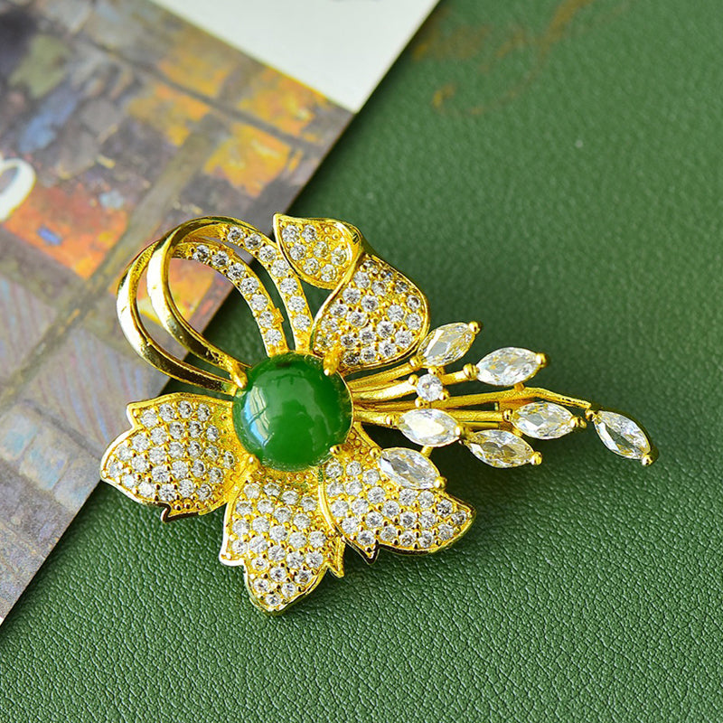Jadeite Heart Butterfly Flower Brooch | Fully Inlaid Zircon Gold-Plated Tassel Brooch with Exquisite Inlay  Exquisite Gift Box