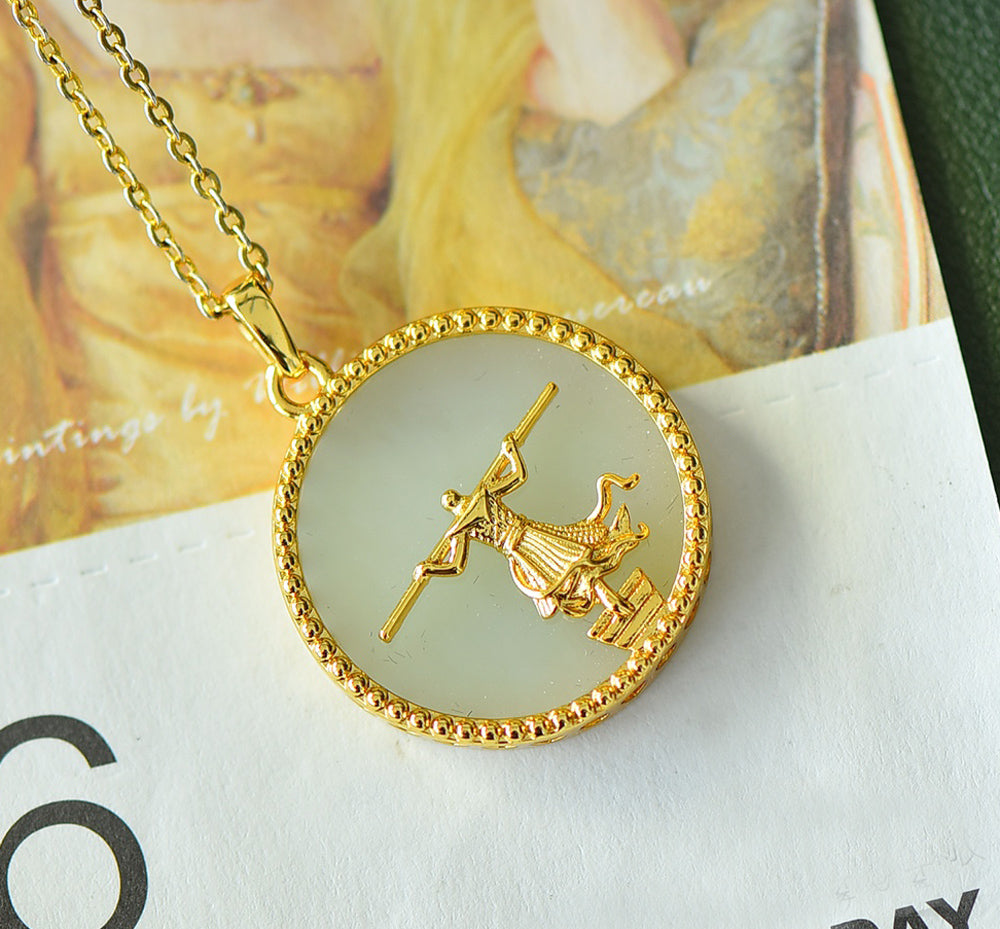 Hetian jade necklace with gold-patterned, exquisitely carved Sun Wukong (Monkey King) mythological figure reliefCraftsmanship.  Suitable for daily wear