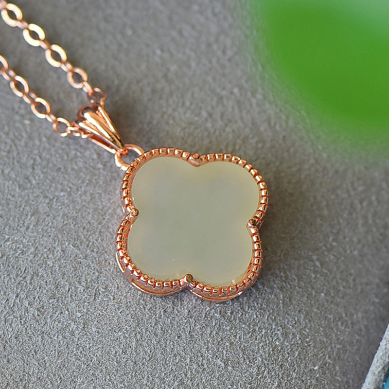 Four-leaf clover rose gold necklace, natural Hetian jade lucky clover pendant necklace, holiday gift and present for relatives and friends.