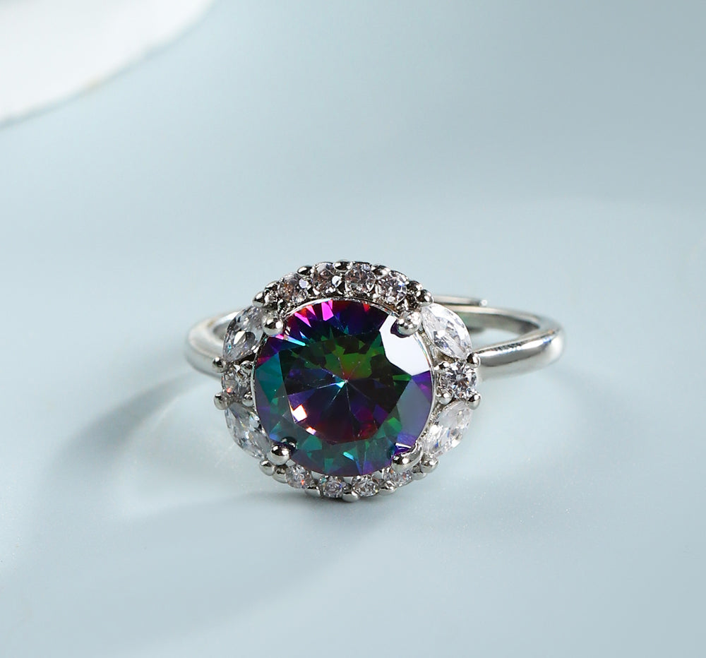 Iridescent Round Gemstone Open Silver Ring – Rainbow Refraction & Zircon Inlay – Adjustable Band – Includes Exquisite Gift Box
