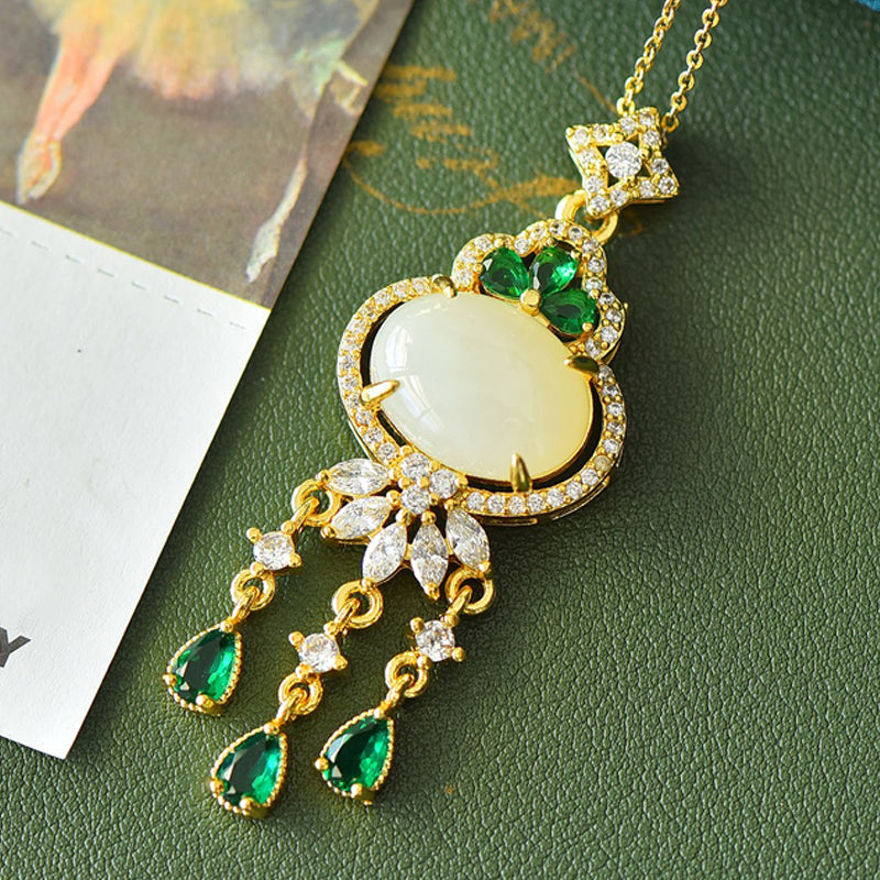 Hetian Jade and Emerald Pendant Necklace with Gold Floral Caps and Triple-Strand Tassels – Luxurious, Flowing, and Lively Tassel Design  Exquisite gift box