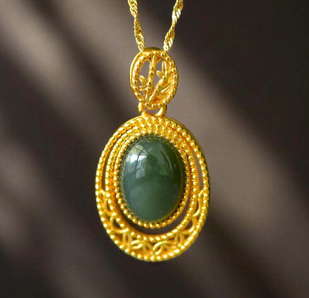 Dark Green Jade Origin Mountain Gold Necklace | Golden Hollow Mirror Frame Classical Wire Blowing CraftComes with a gold ribbed chain and gift box
