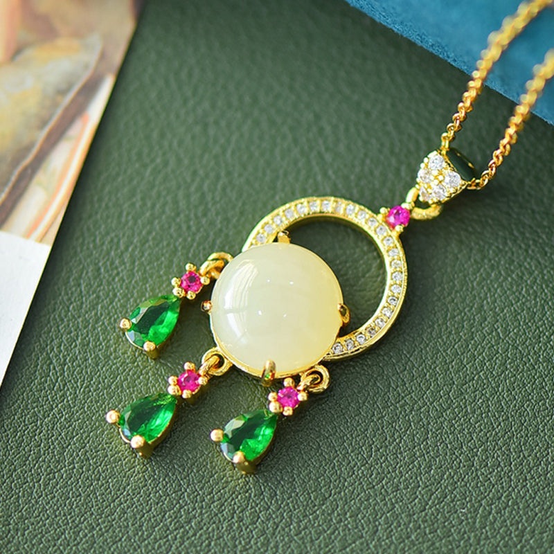 18K Gold, Hetian Jade, and Colored Gemstone Tassel Necklace — A precious gift for yourself or a loved one.