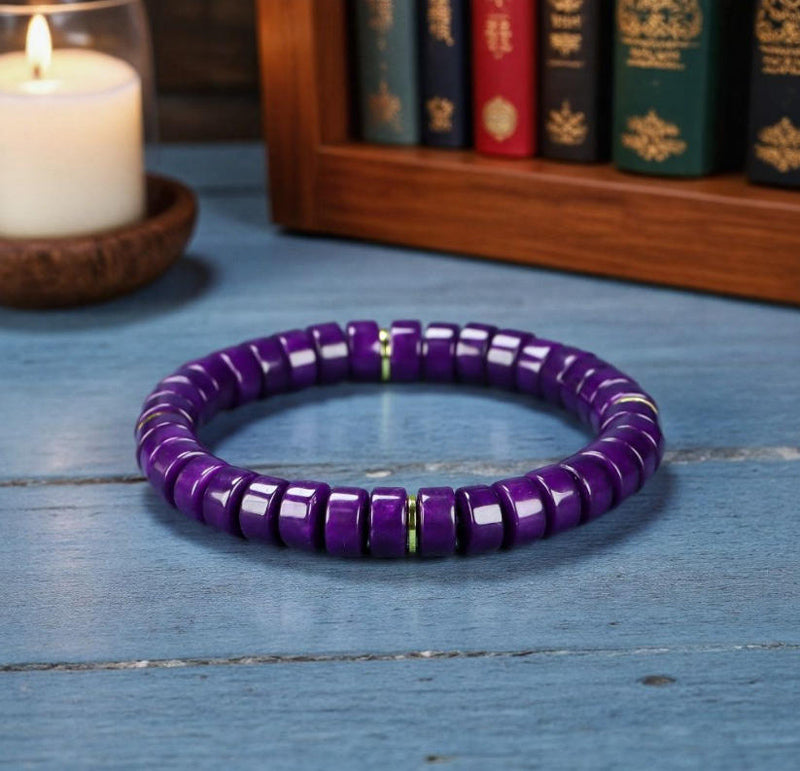 Deep purple Sugilite tablet-shaped bead and gold spacer ring stretch bracelet—exuding a profound, rich, noble, and mysterious aura.