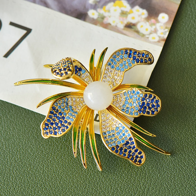 Blue gradient orchid brooch made of Hetian white jade | Full-coverage zircon enamel gold-plated orchid corsage  Exquisite gift box