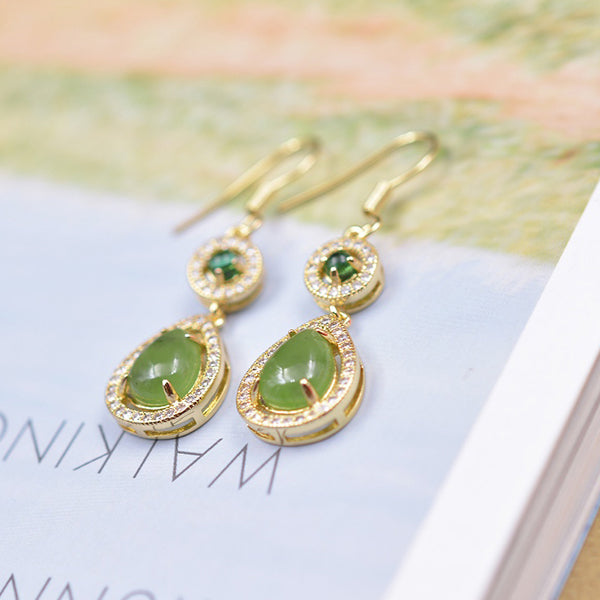 Pair of Hetan Spinach-Green Jade Teardrop Earrings – Featuring plump, vibrant jade stones; elegant, sophisticated, and rich in depth.