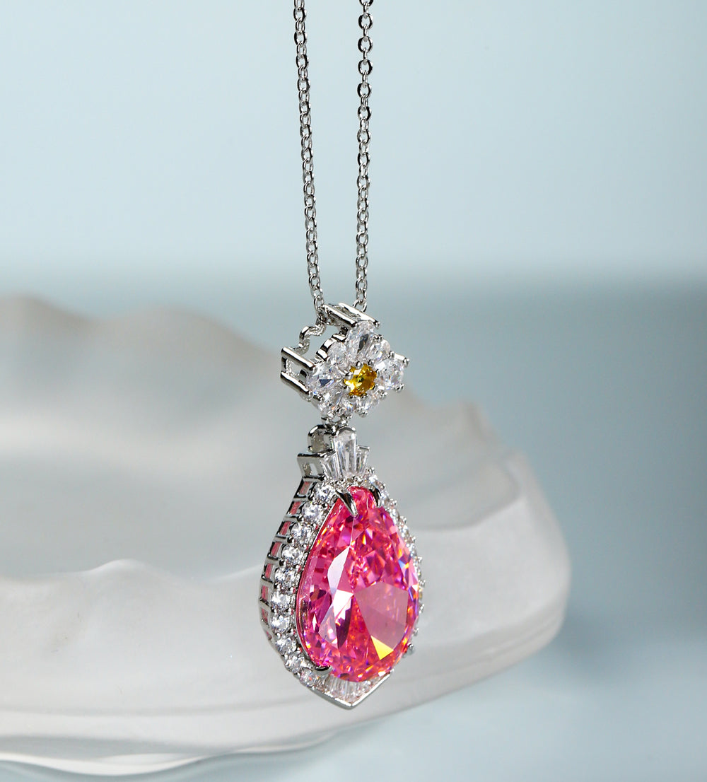 Pink Teardrop Gemstone Necklace – 925 Silver with Zircon Inlaid Floral Design, Vanadite Set Clasp, Exquisite Gift Box