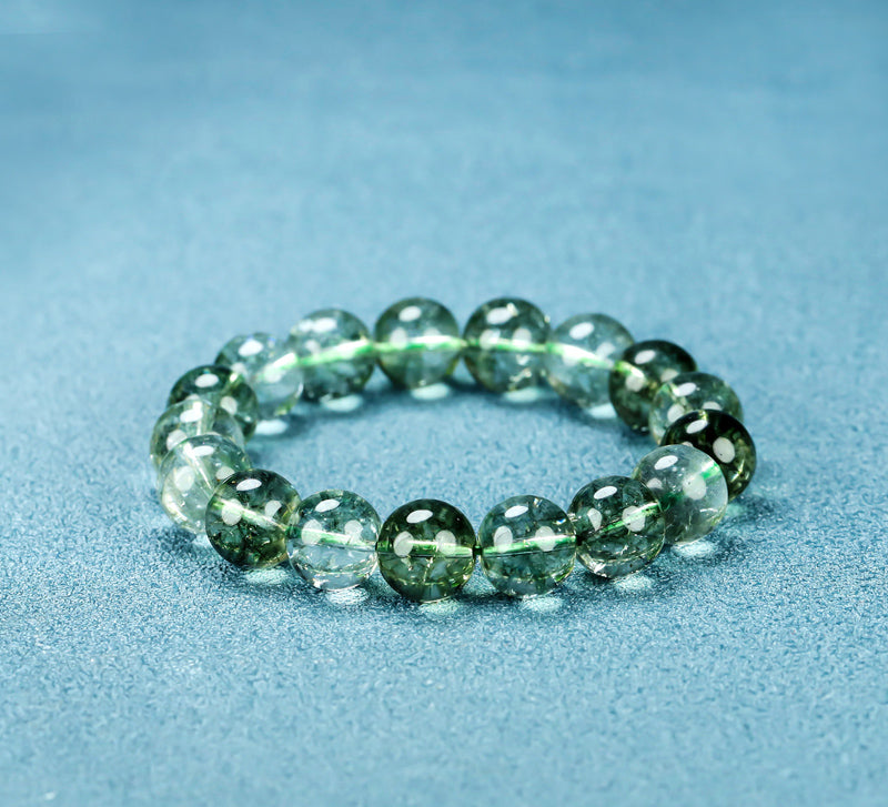 Green Phantom Quartz Natural Crystal Elastic Bracelet, Cloud-like Inclusions, Attracting Wealth and Good Fortune, Mysterious and Dreamy
