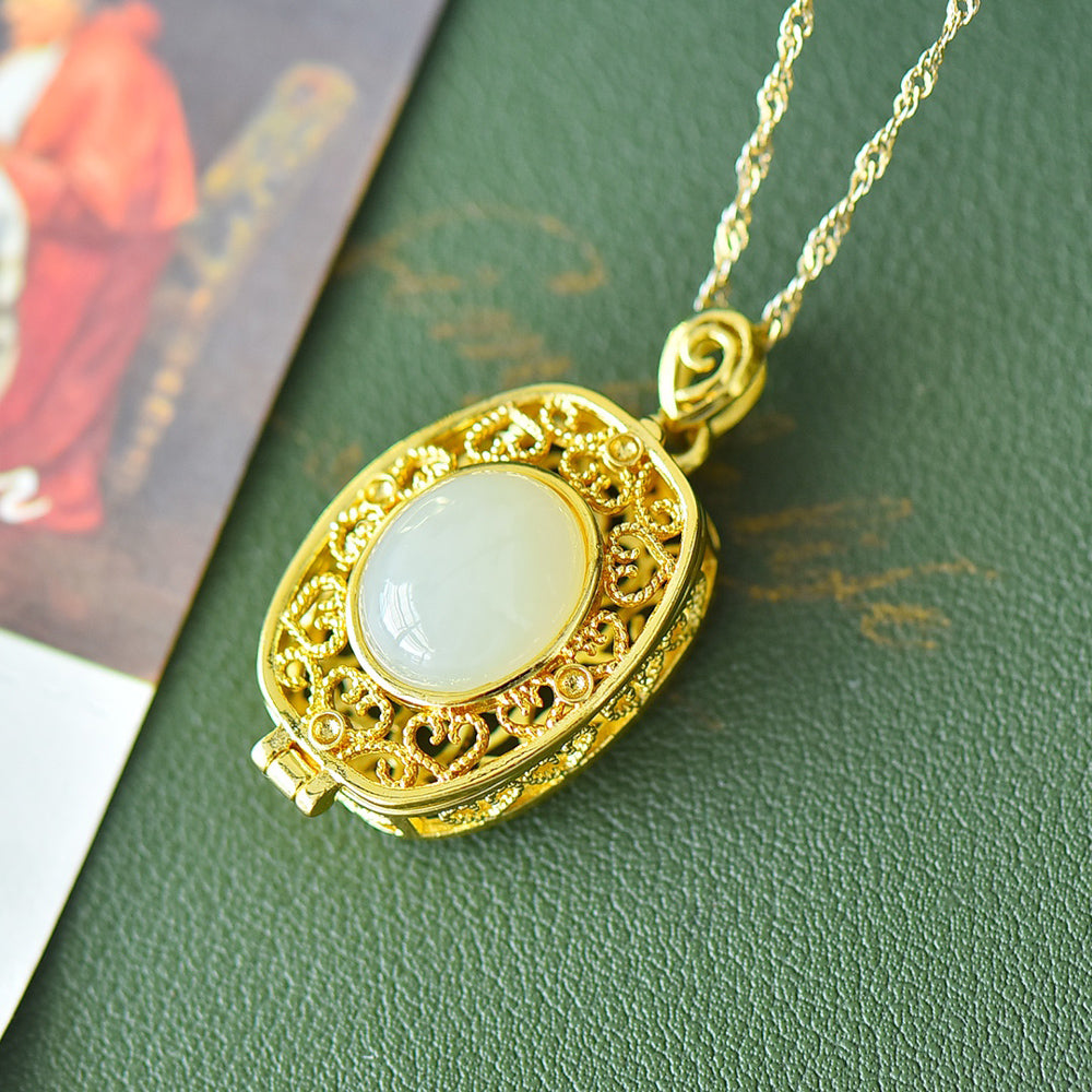 Hetan Jade Square Hinged Sachet Pendant Necklace –Gold Openwork Scrollwork Design with Spiral Heart-Shaped Clasp (Classic Romantic Style)