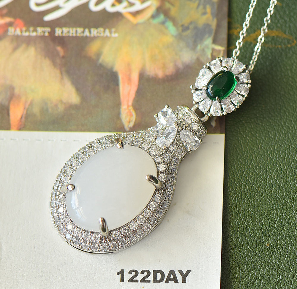 Hetian jade silver teardrop-shaped pendant necklace – double-layered zircon embellishments, elegant and luxurious Comes with an exquisite gift box