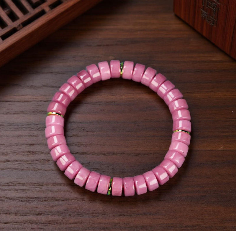 Pink Sugilite Elastic Bracelet featuring Tablet-Shaped Beads and Gold Spacer Rings—Matte Finish, Sweet Girly Style, Gentle and Romantic.