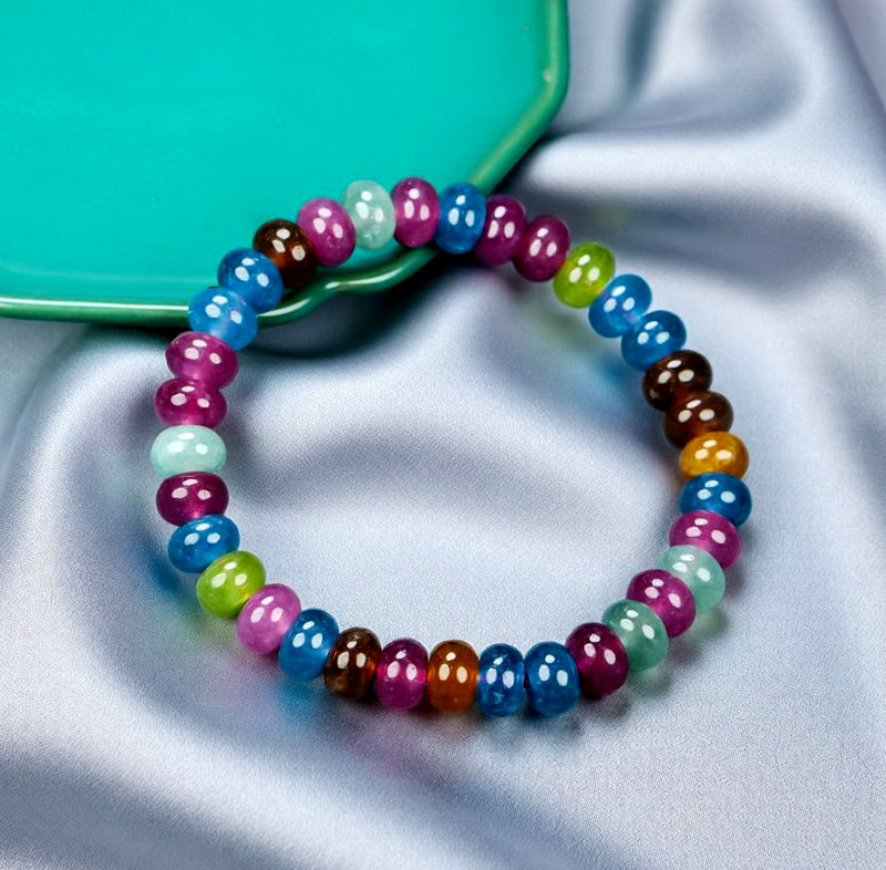 Tourmaline Colorful Candy Flat Round Bead Elastic Bracelet: Rose Red, Blue, Brown, Orange, Green, Mint - A Lively Mix of Colors
