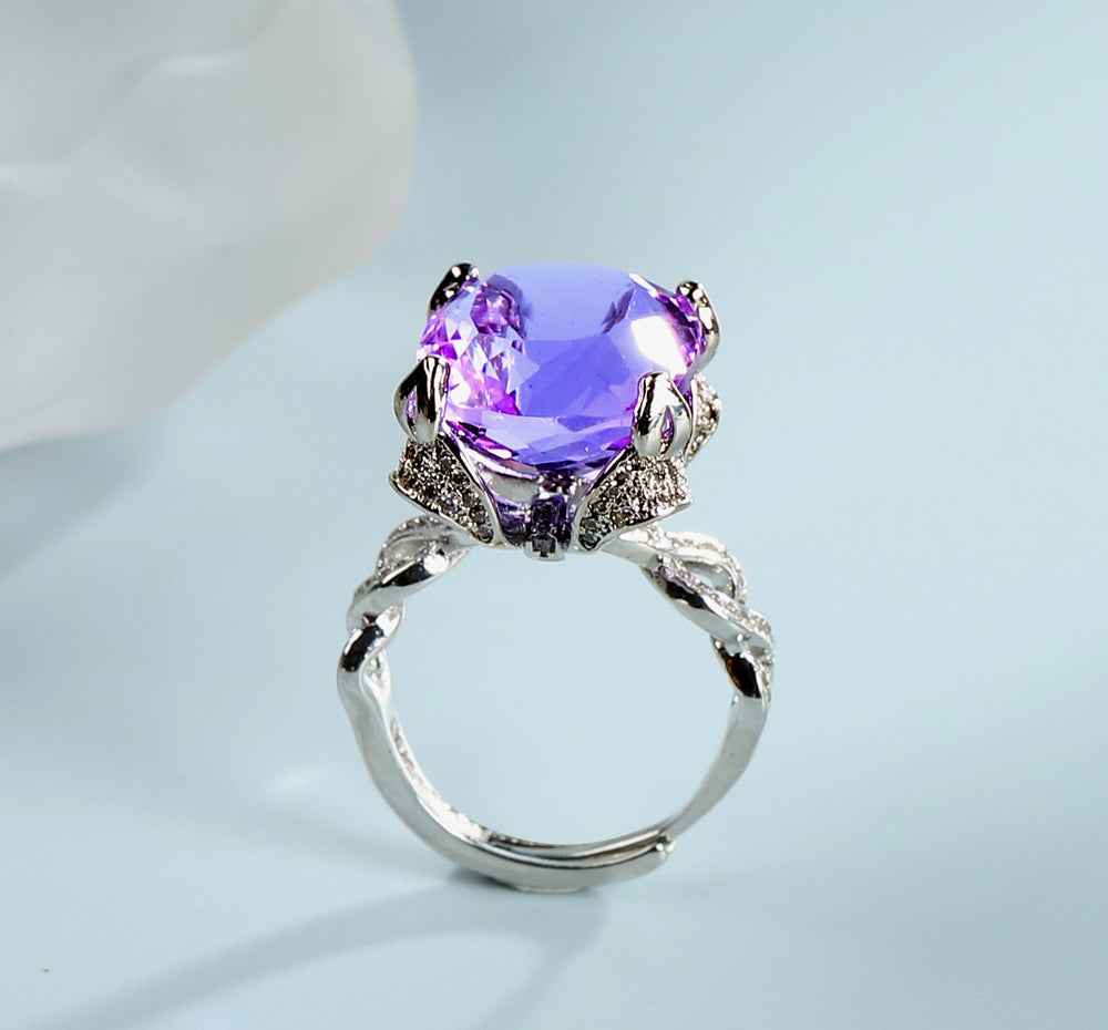 Amethyst large round gemstone vine ring, silver openwork vine band, embellished with white zircon, comes in an exquisite gift box.