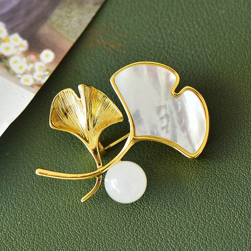 Ginkgo Leaf and Fritillaria Brooch | Natural Hetian White Jade Bead Gilded Ginkgo Corsage - Perfect Gift for Relatives and Friends