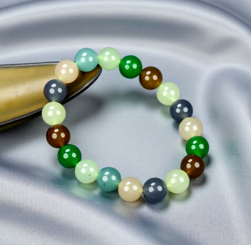 Multicolored natural jade beads, large round beads, mixed elastic bracelet, emerald green, mint white, milky white, gray, blue, brown, tiger eye, five colors strung together.