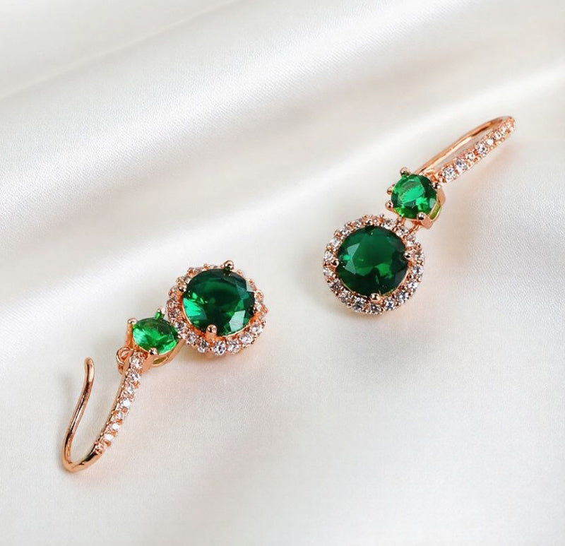 Emerald double crystal rose gold earrings, studs and drops, set with white vanadium, come in a beautiful gift box.