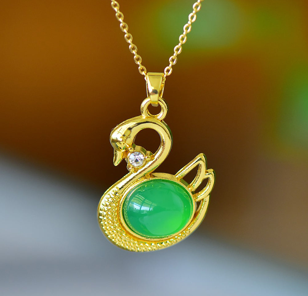Emerald Jade Necklace in Swan Design – Gold Swan Inlaid with Emerald Jade Accented with White Vanadium, Ideal for Anniversaries and Gifting