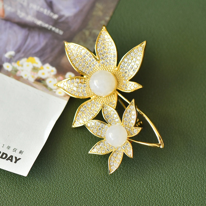 Double Flower Hetian White Jade Brooch | Zircon Inlaid Gold-Plated Lily Corsage Brooch - Suitable for Everyday Wear